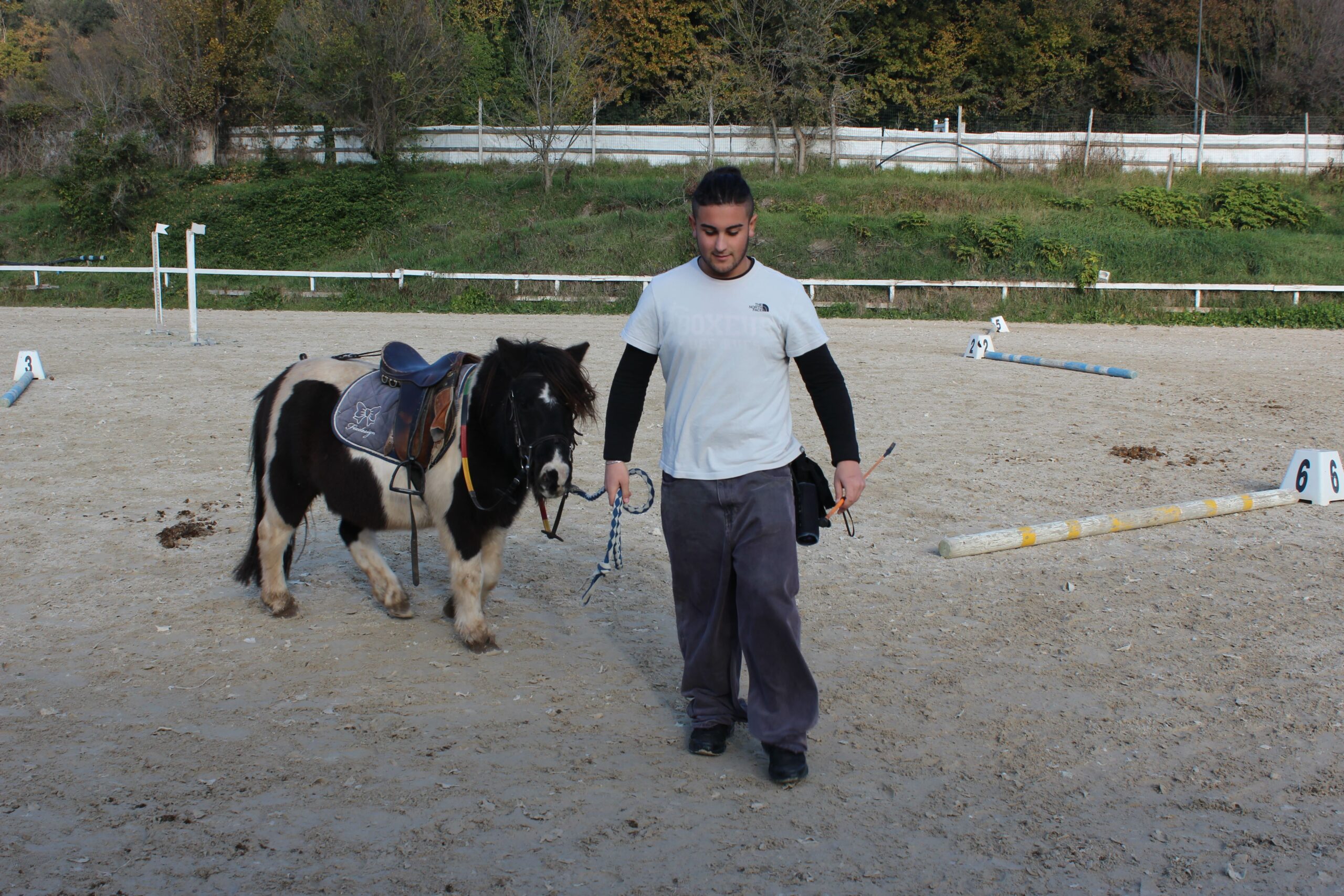 Istruttore che conduce un pony nel campo del centro ippico