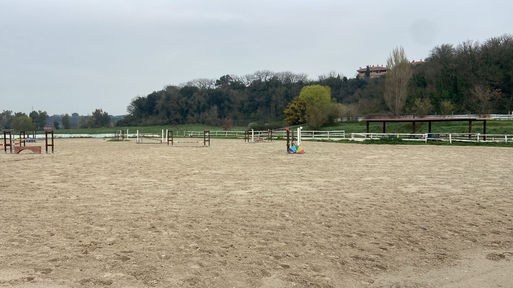 Campo di equitazione vuoto con ostacoli per salto