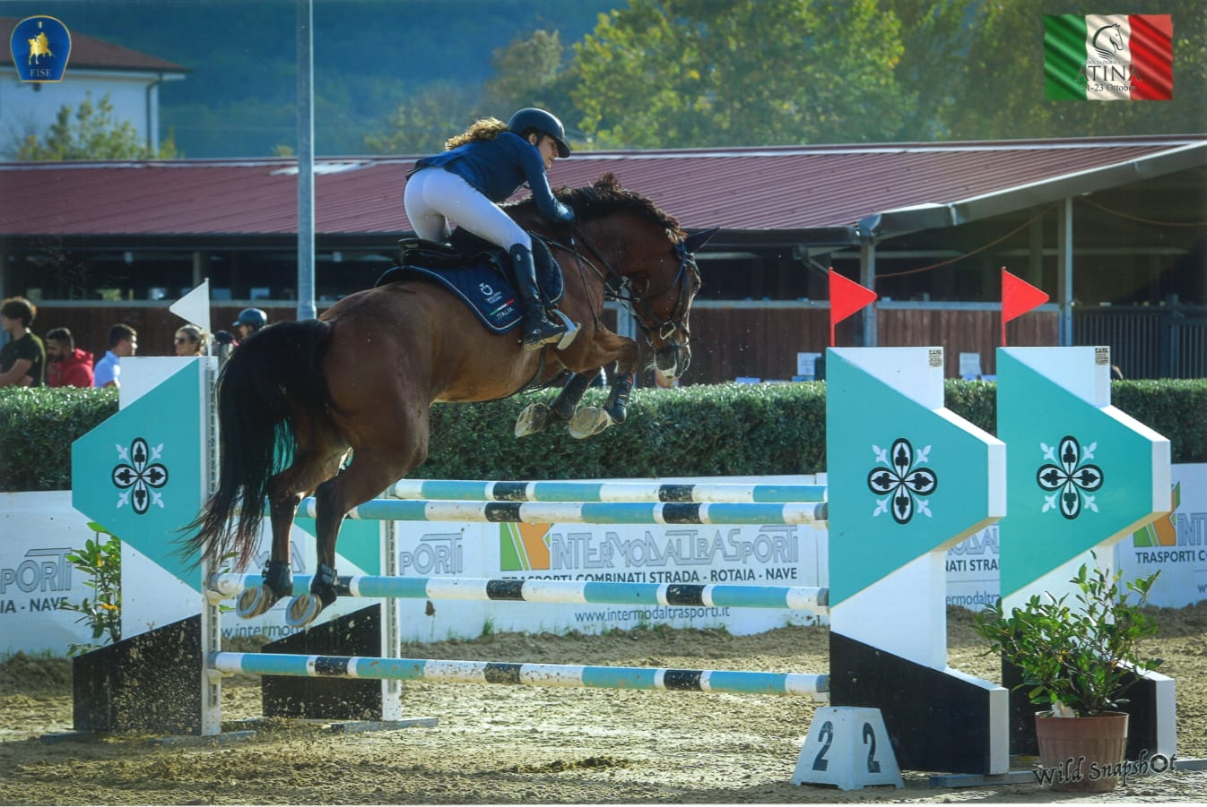 Cavallo e amazzone in salto su ostacolo verde durante gara
